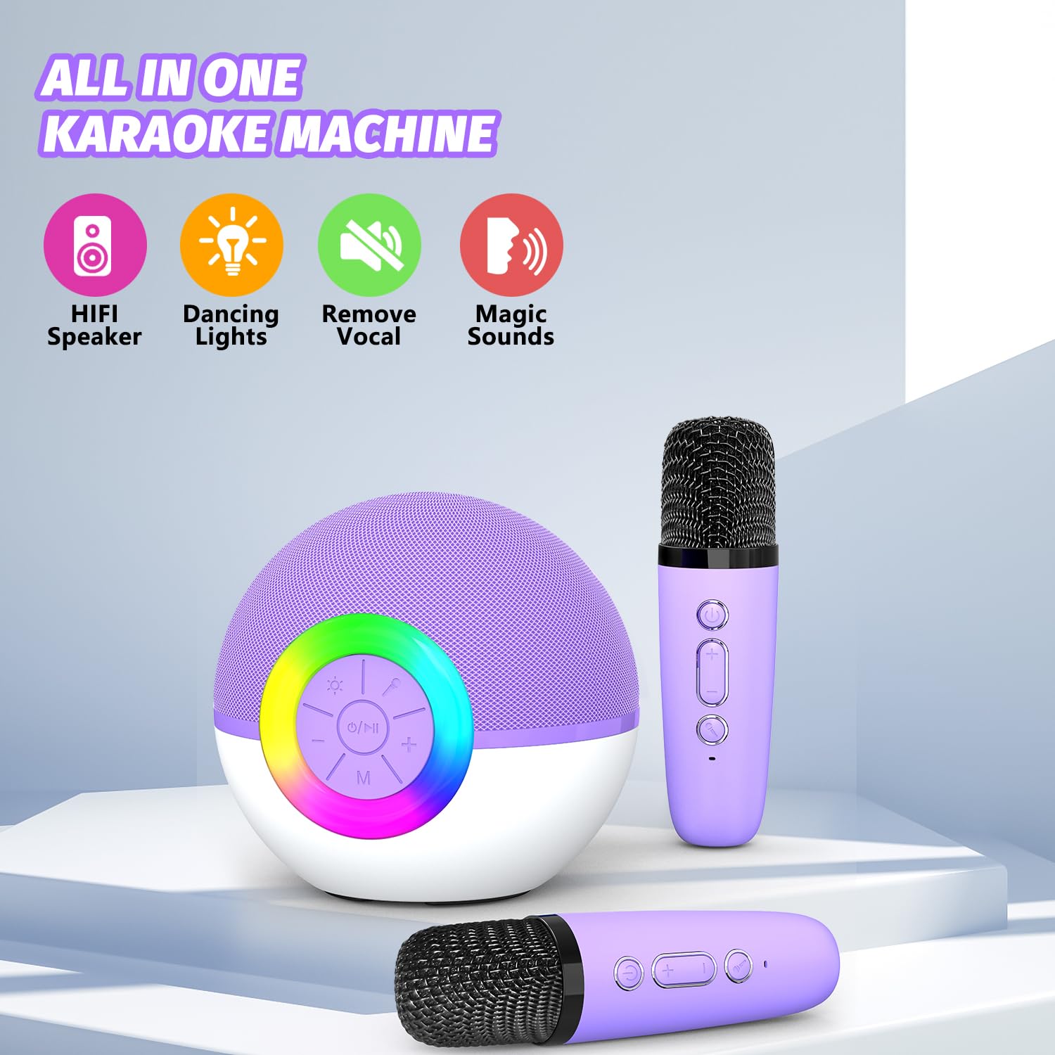 Mgaolo wireless karaoke mic and speaker system being held to demonstrate compact portable design