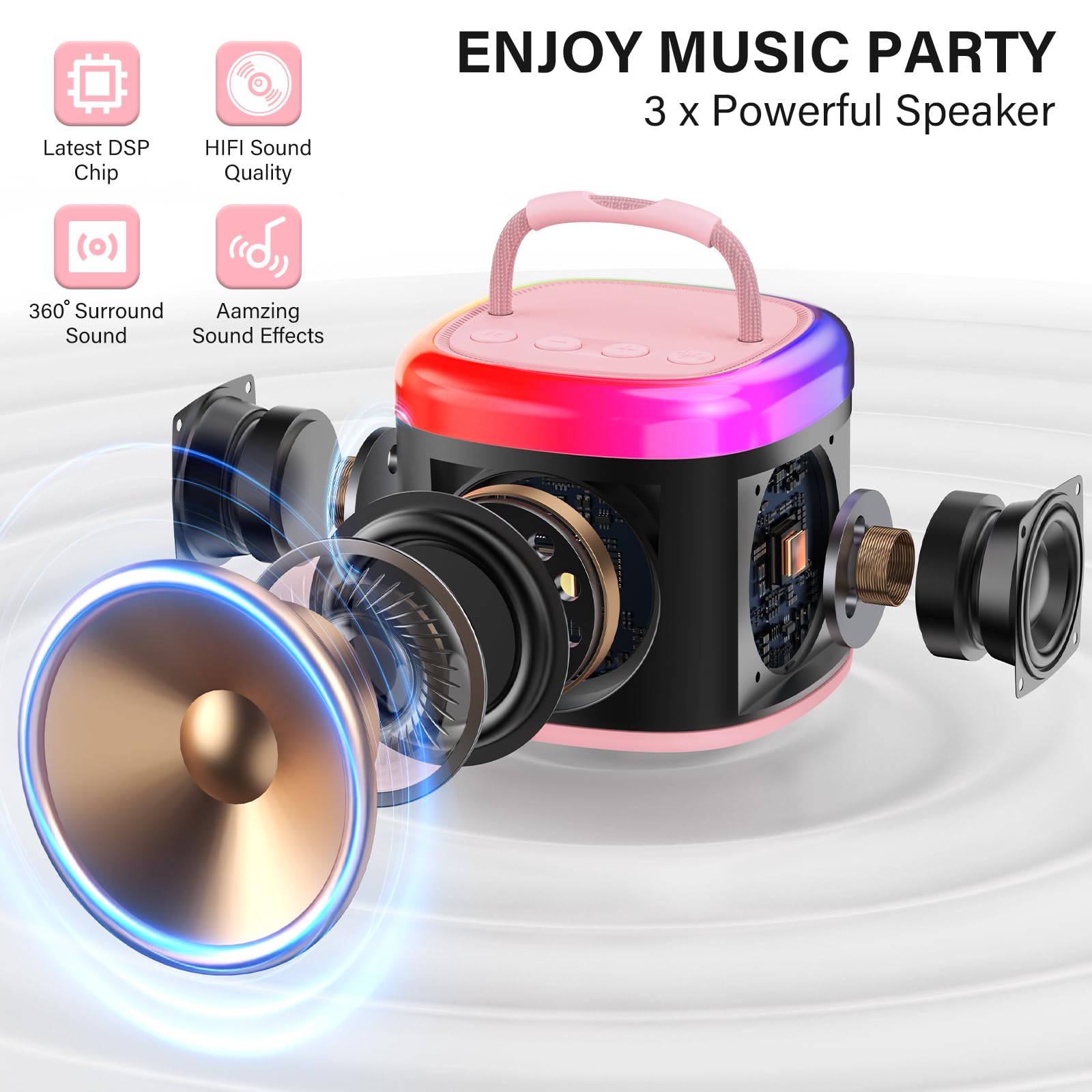 HWWR portable singing speaker with glowing RGB LED disco lights enabled