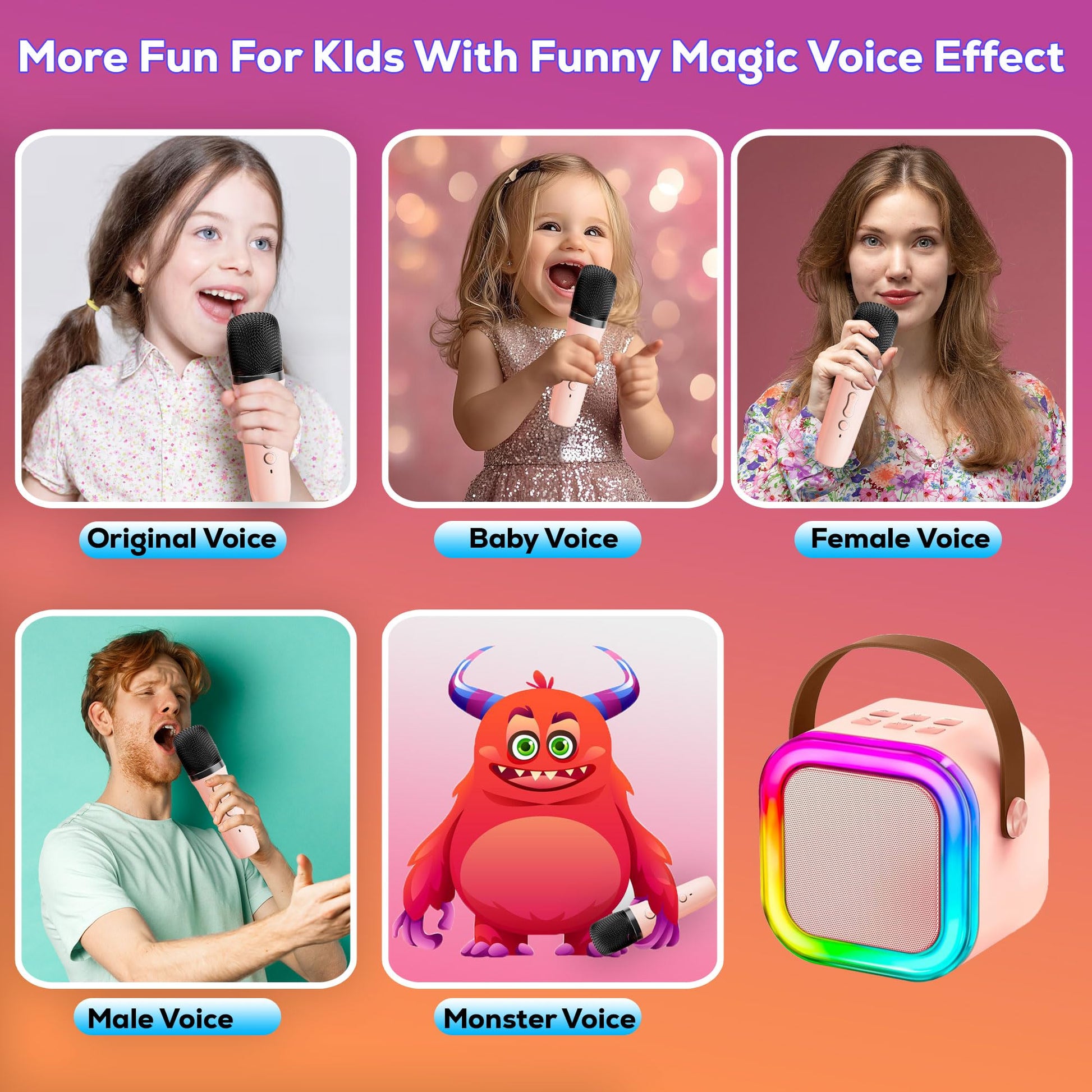 Two cordless microphones for children placed next to the compact white party speaker device