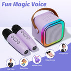 Close up view of the purple portable karaoke speaker highlighting the top handle and functional control buttons