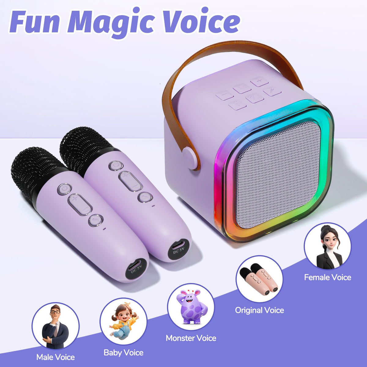 Close up view of the purple portable karaoke speaker highlighting the top handle and functional control buttons