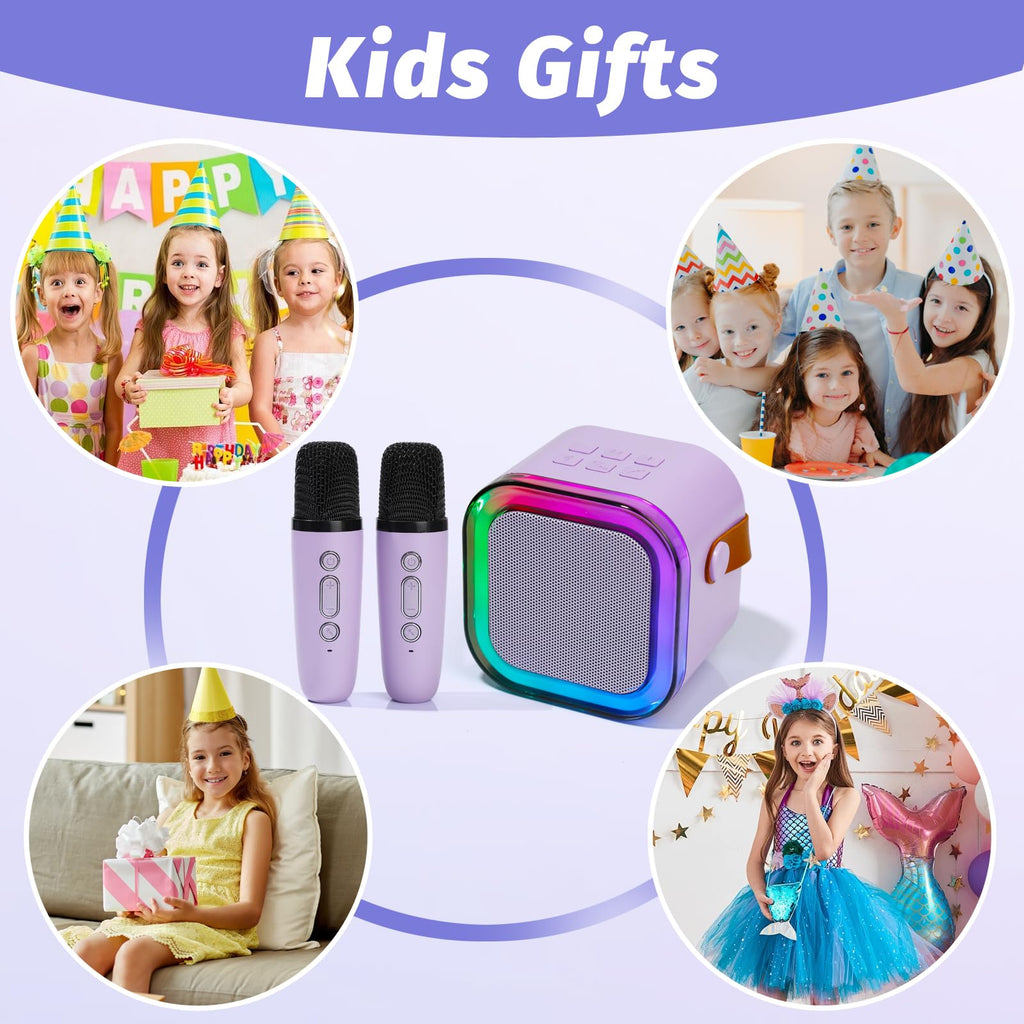 Two purple wireless microphones for kids displayed side by side emphasizing the compact child friendly ergonomic design