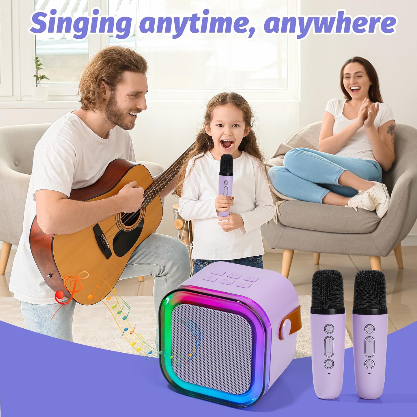 Rear perspective of the portable singing machine showing the charging ports and non toxic build material finish