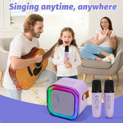 Rear perspective of the portable singing machine showing the charging ports and non toxic build material finish