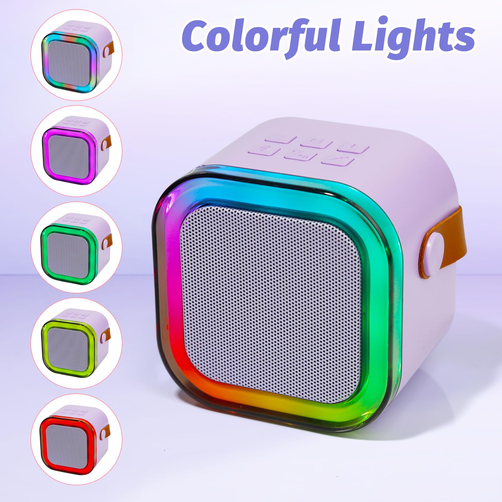 The complete kids karaoke set showcasing the color changing dynamic light synchronization feature during operation