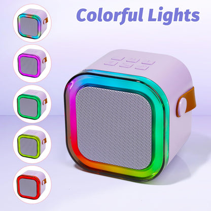 The complete kids karaoke set showcasing the color changing dynamic light synchronization feature during operation
