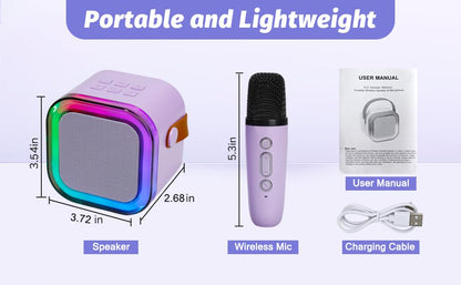Product packaging layout of the purple kids singing machine with two microphones and charging accessories included