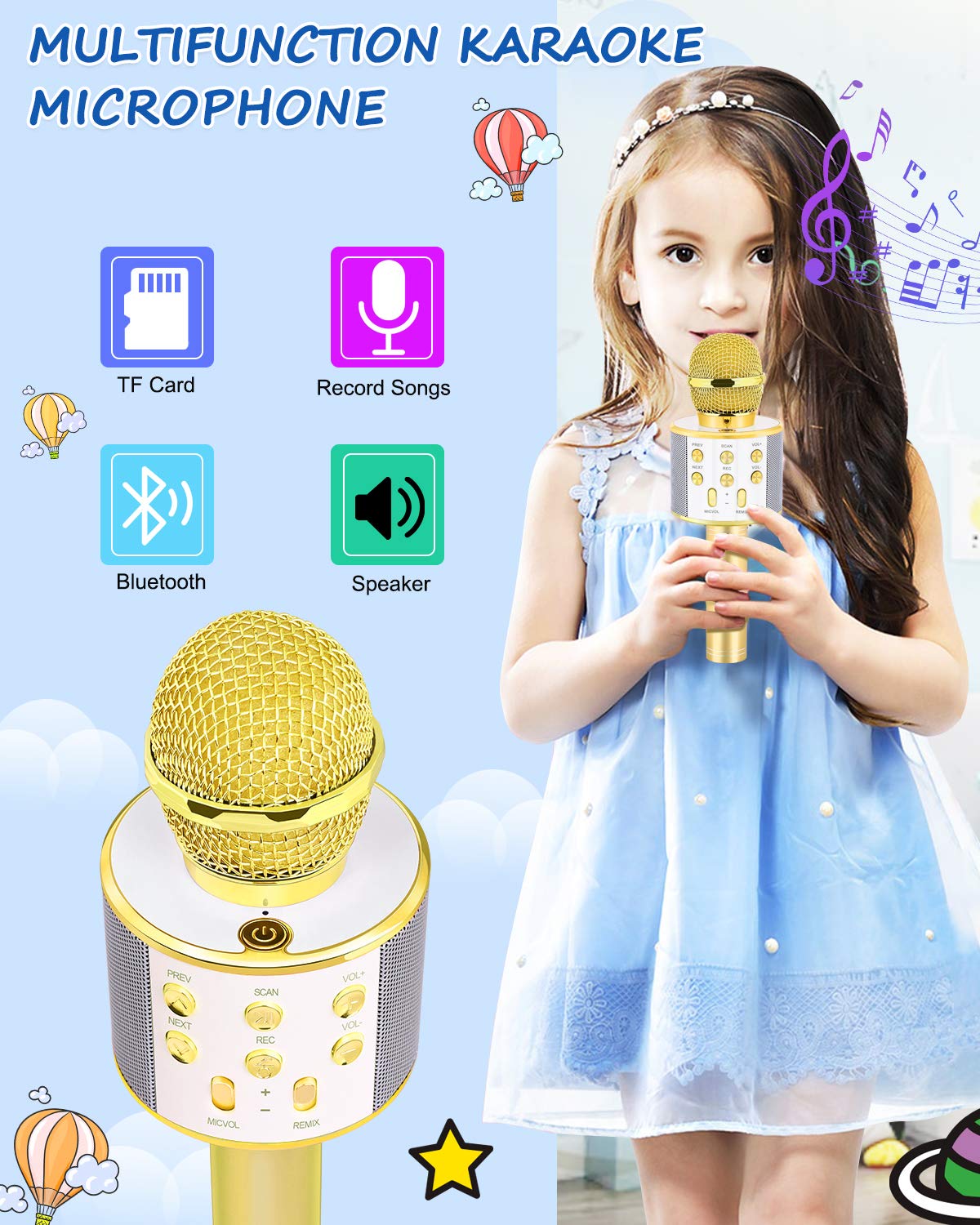 Metallic gold wireless kids singing microphone close up of mesh head