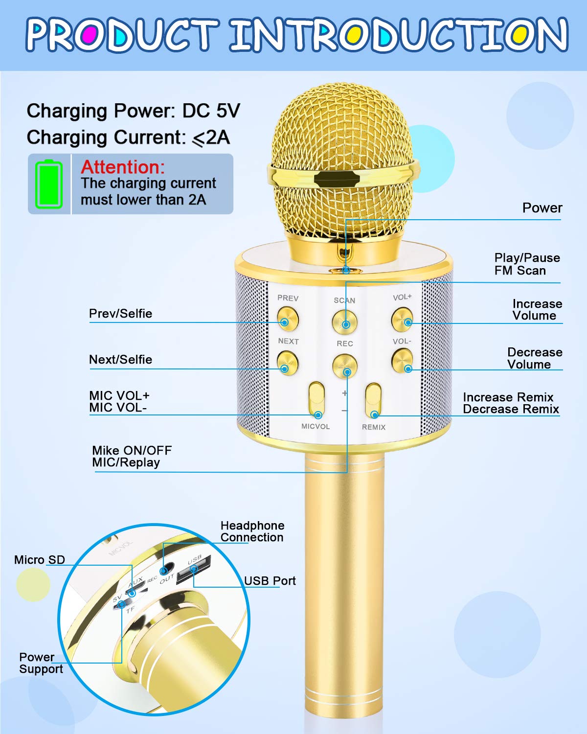 Dodosky Bluetooth children microphone speaker handle showing volume controls