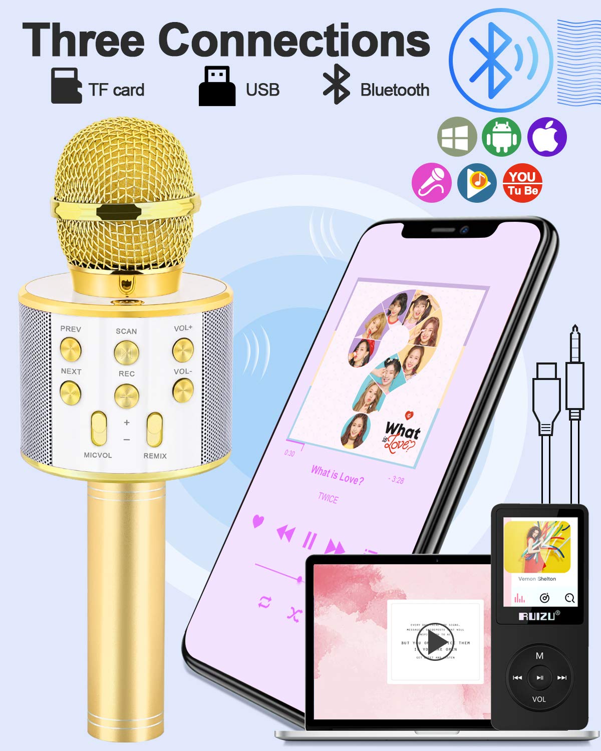 Golden portable home KTV microphone for kids showcasing compact design