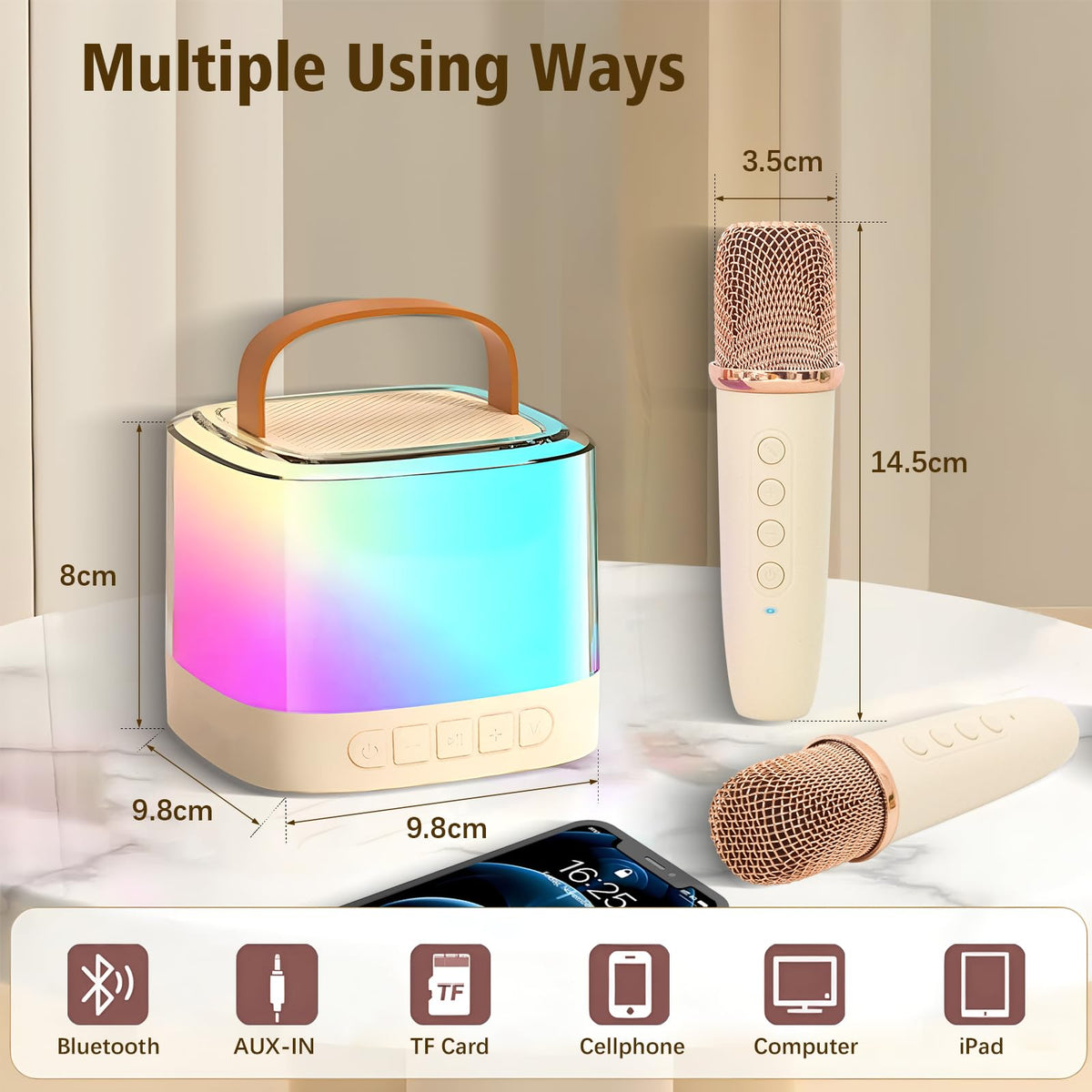 Portable children singing speaker showing the top control panel buttons and compact handle