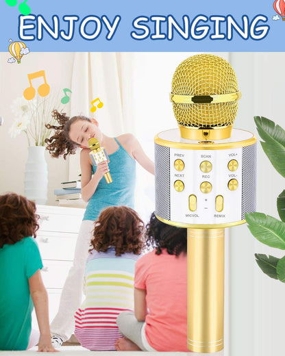 Authentic gold kids karaoke microphone with voice changer functionality