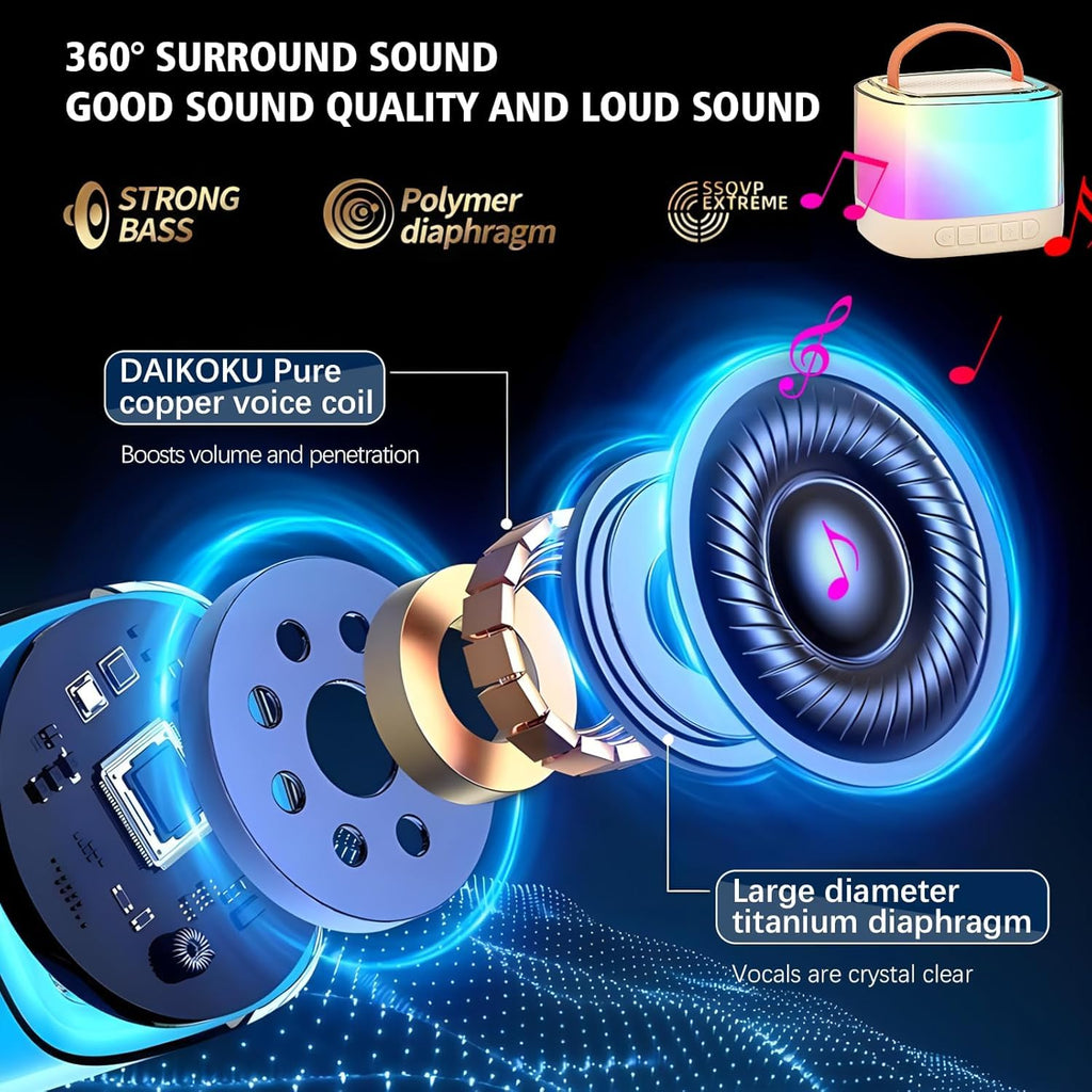 Two wireless microphones for children standing next to the illuminated audio speaker base