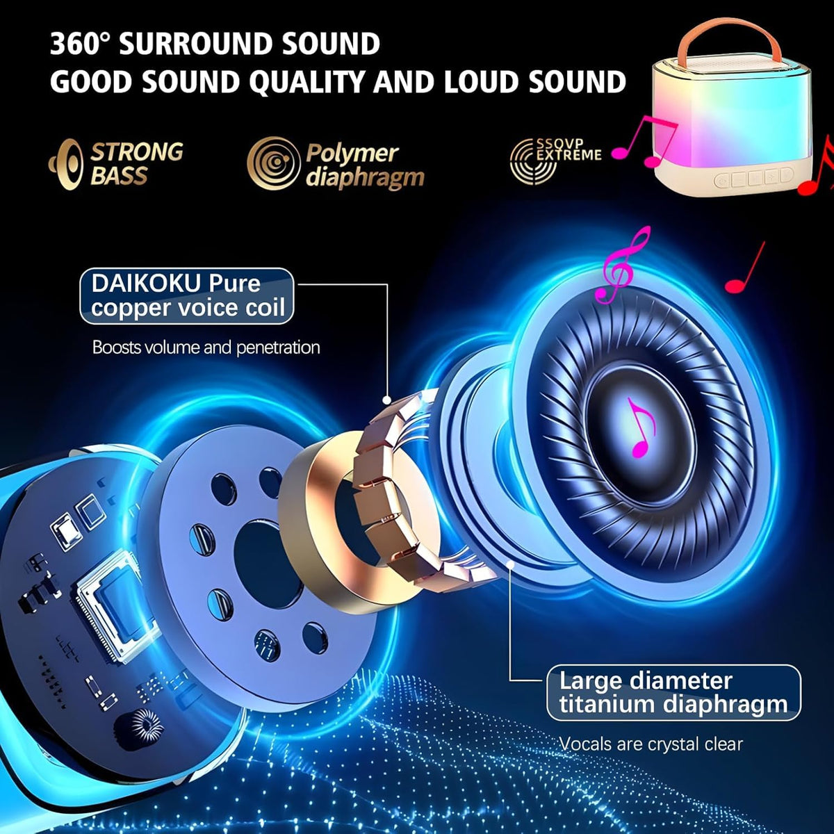 Two wireless microphones for children standing next to the illuminated audio speaker base