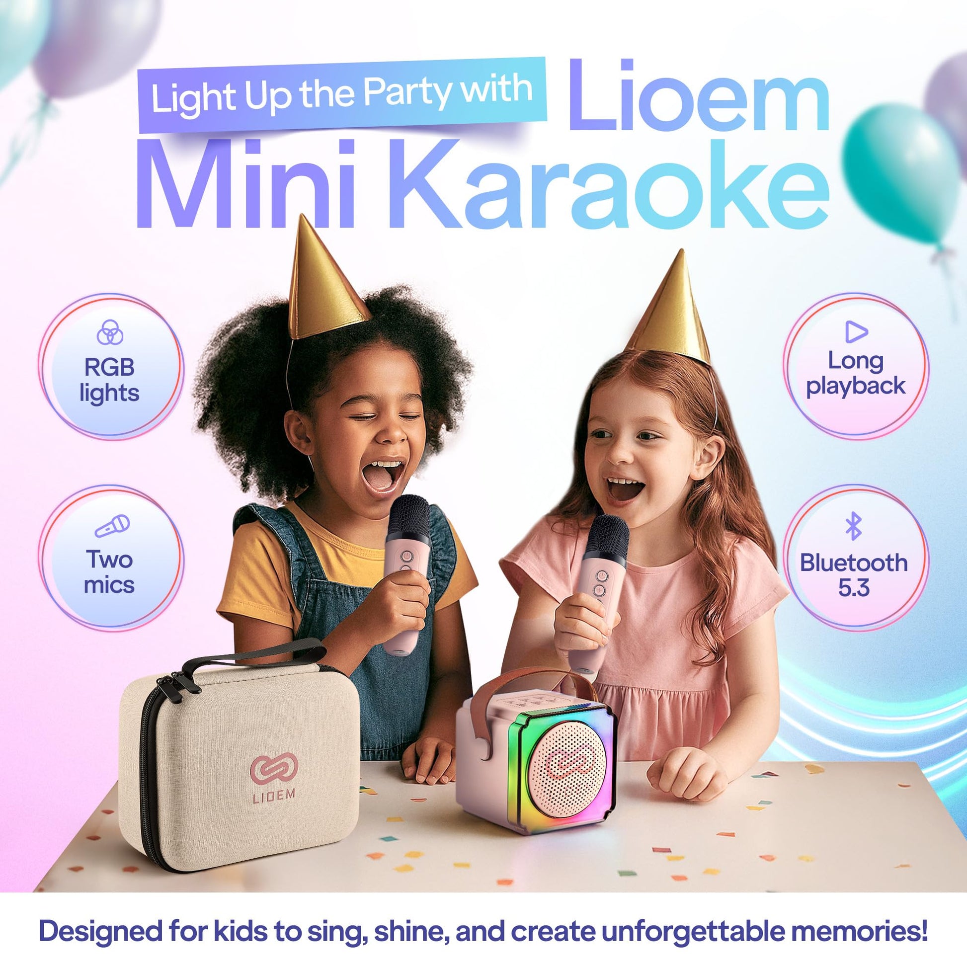 Pink portable children's singing machine with glowing RGB LED disco lights