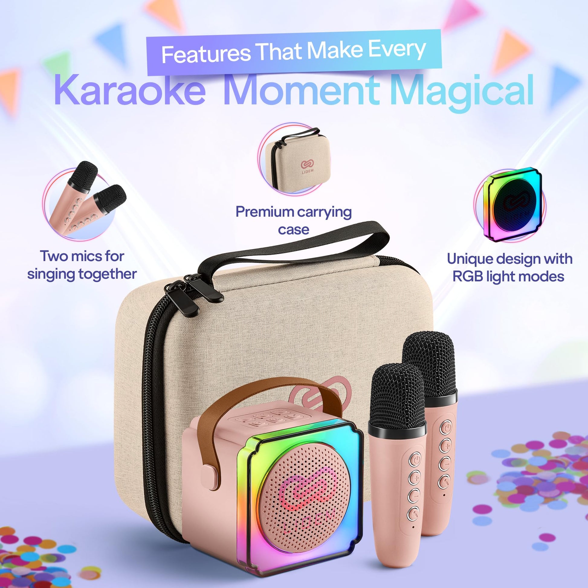 Two pink wireless karaoke microphones for kids duet performances