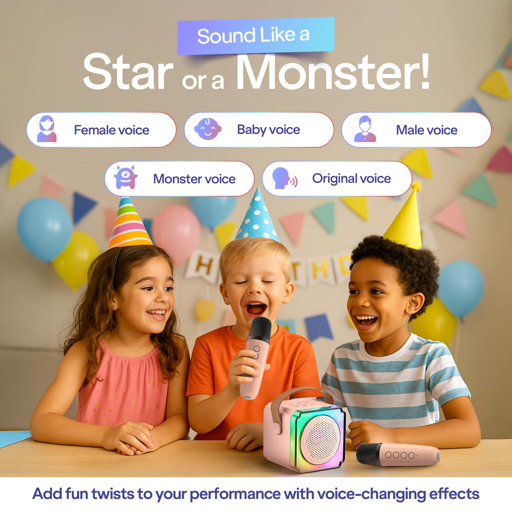 Kids mini microphone and speaker set demonstrating interactive voice changer capabilities
