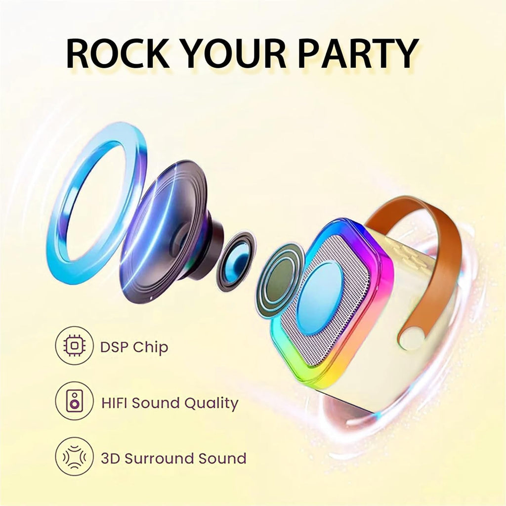 JJYEITUO kids karaoke speaker with rainbow colored RGB light ring illuminated