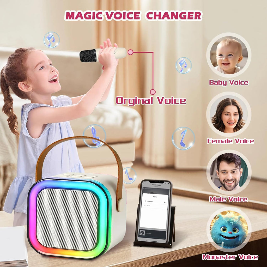 JJYEITUO mini karaoke system showing charging ports and TF card slot on the back