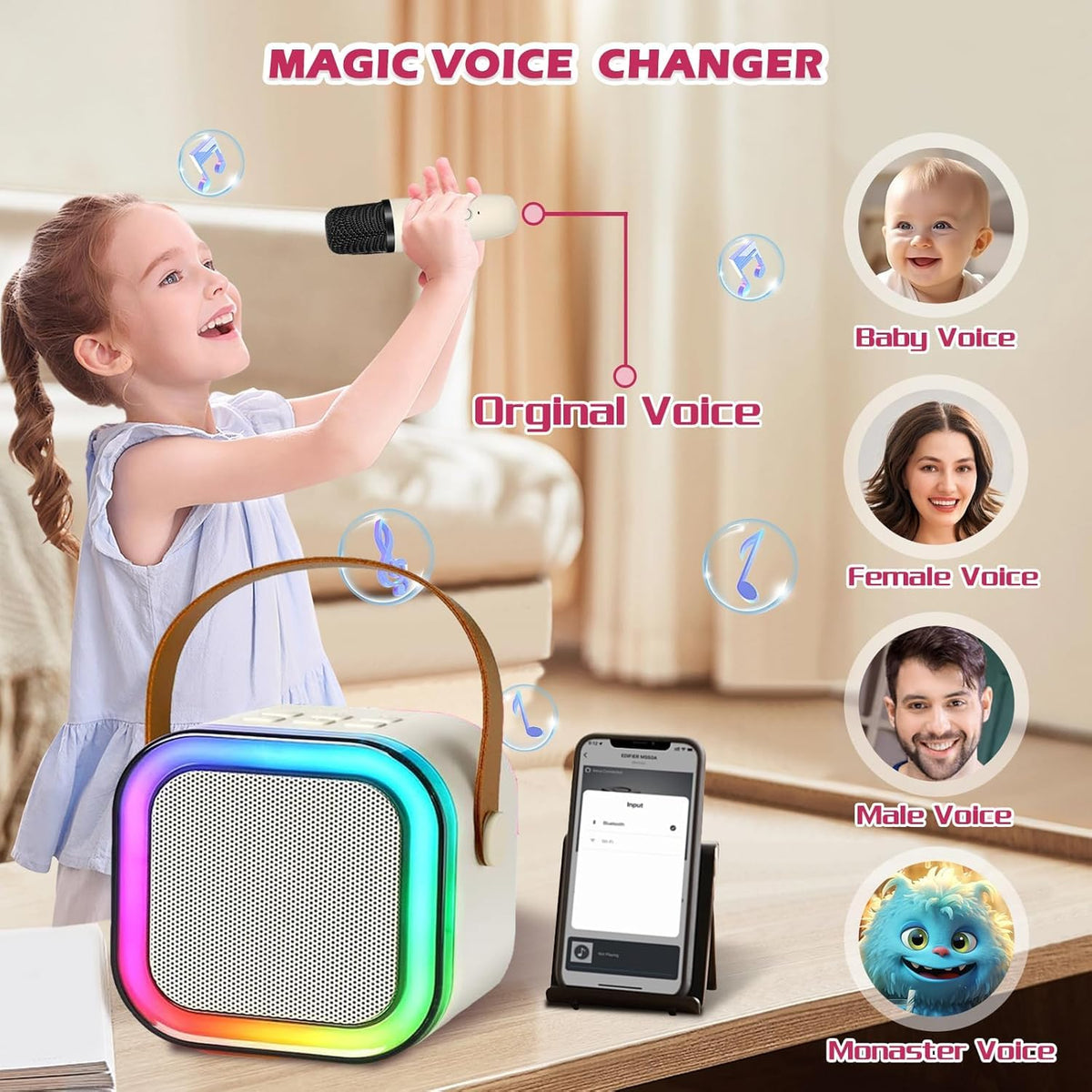 JJYEITUO mini karaoke system showing charging ports and TF card slot on the back