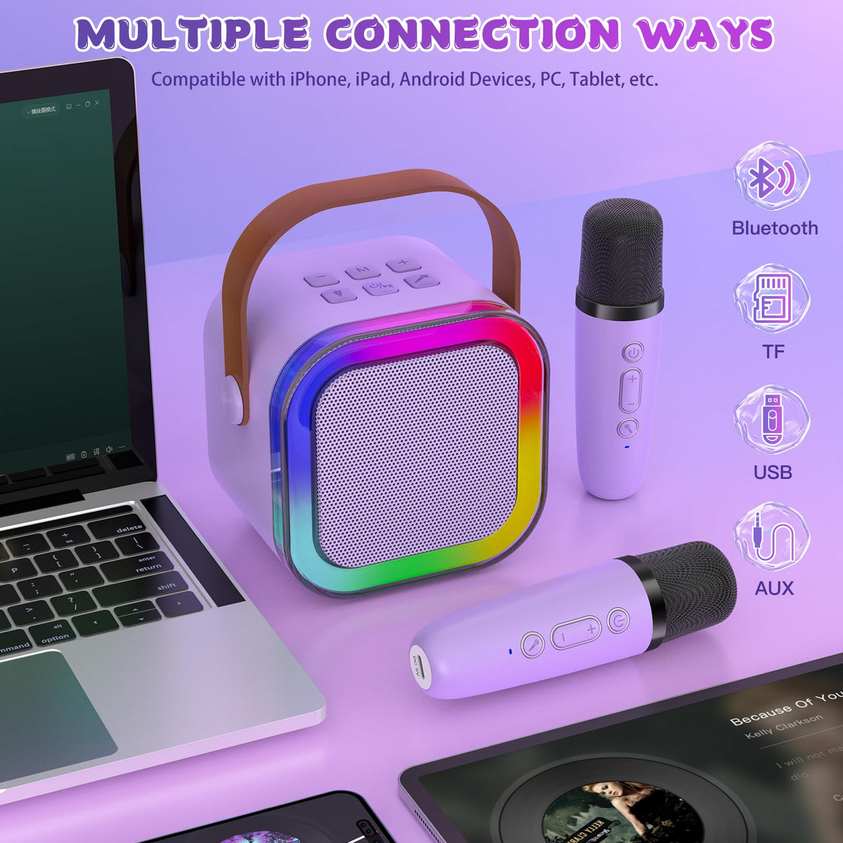 Haomuren portable Bluetooth party speaker illuminated with rotating multi color LED lights in a dim room.