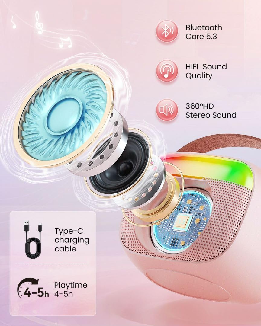 Pink children's Bluetooth speaker with integrated handle and colorful RGB LED lights glowing on the front panel.