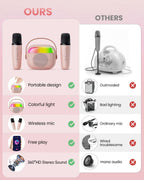 Two pink wireless microphones designed for kids karaoke showcasing the power buttons and compact design.