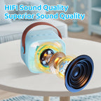 RelaxPad portable kids karaoke speaker with dynamic flashing RGB LED color lights activated.