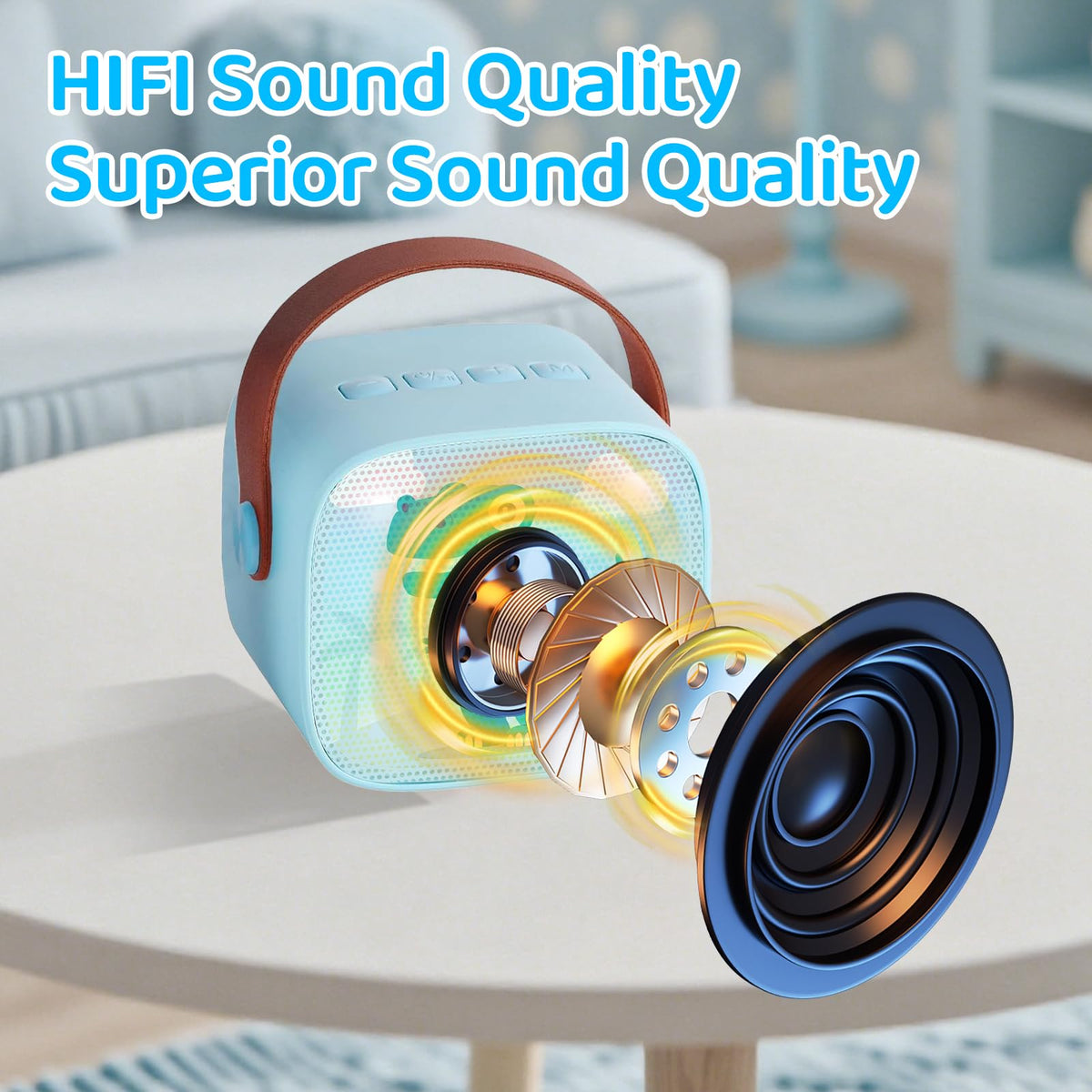 RelaxPad portable kids karaoke speaker with dynamic flashing RGB LED color lights activated.