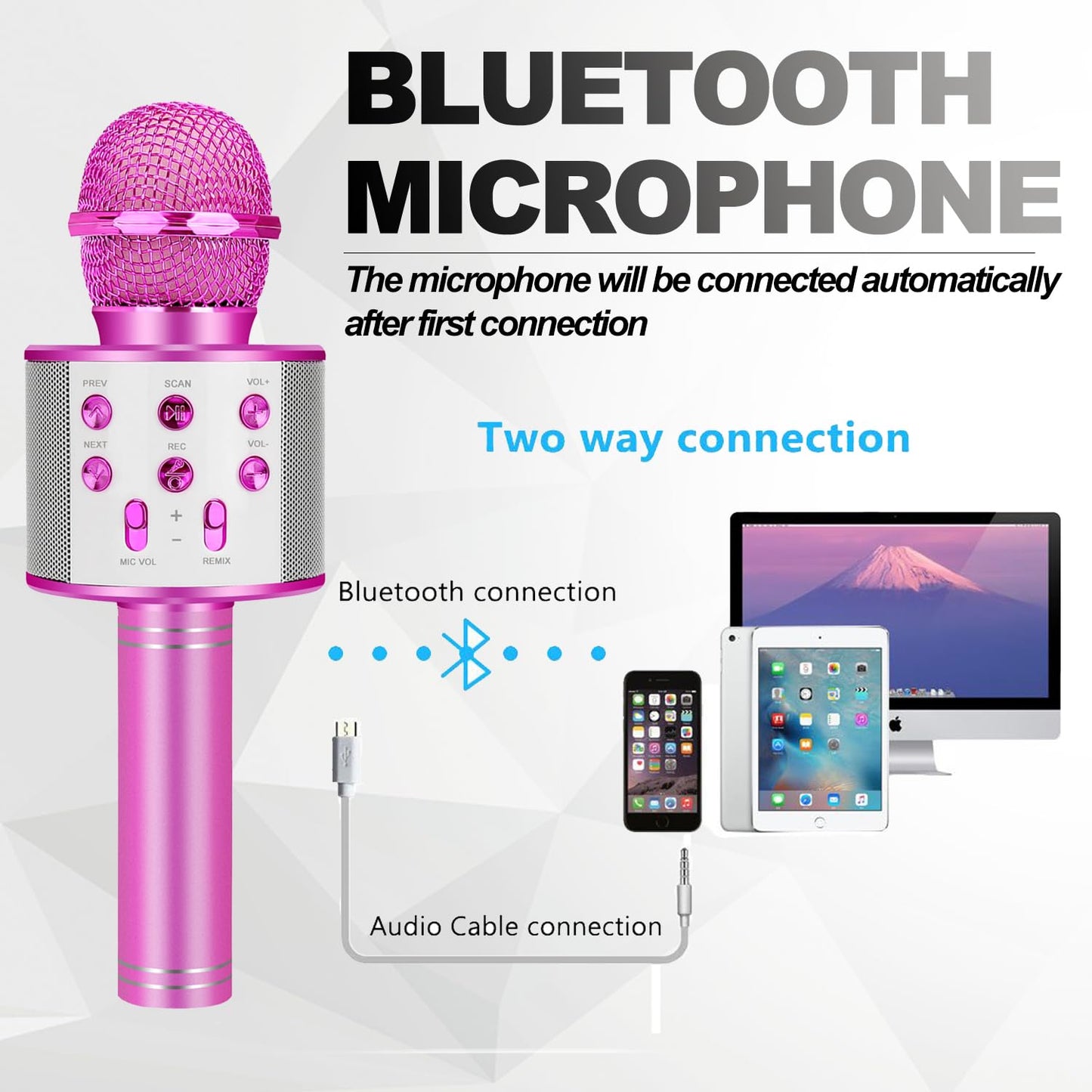 Ranphykx wireless bluetooth toy mic for girls featuring premium aluminum alloy handle and control buttons.