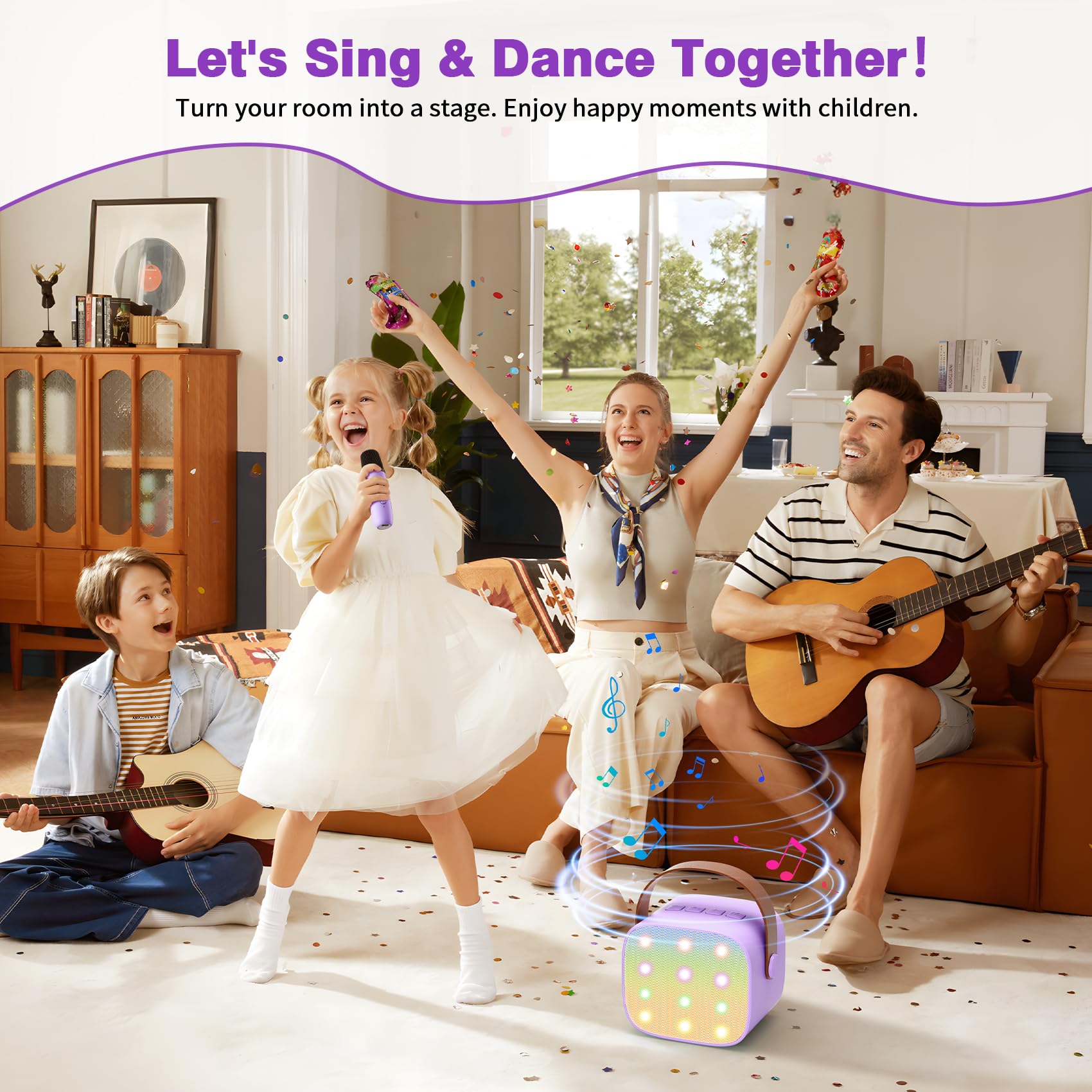 Voijump portable karaoke kit including the main purple speaker body and both matching wireless handheld mics