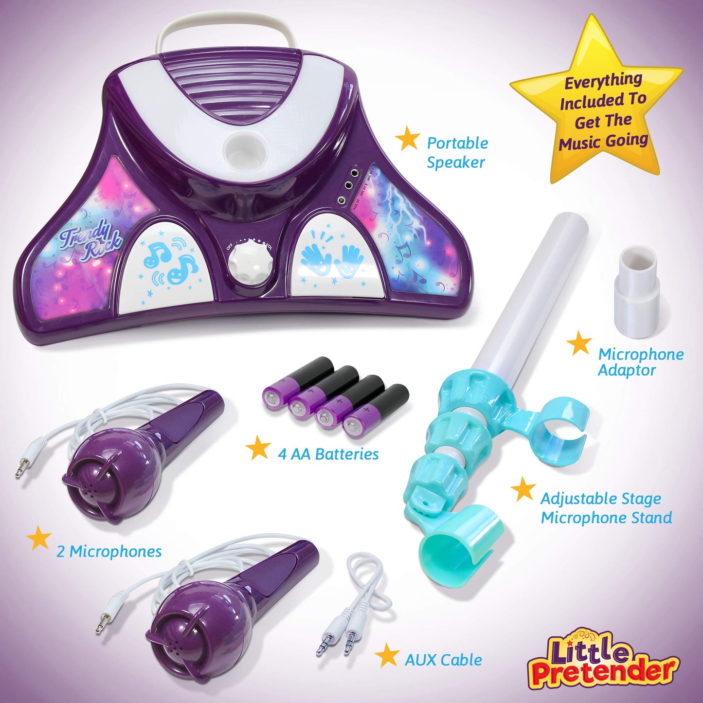 Two microphones attached to the purple and blue children singing toy system