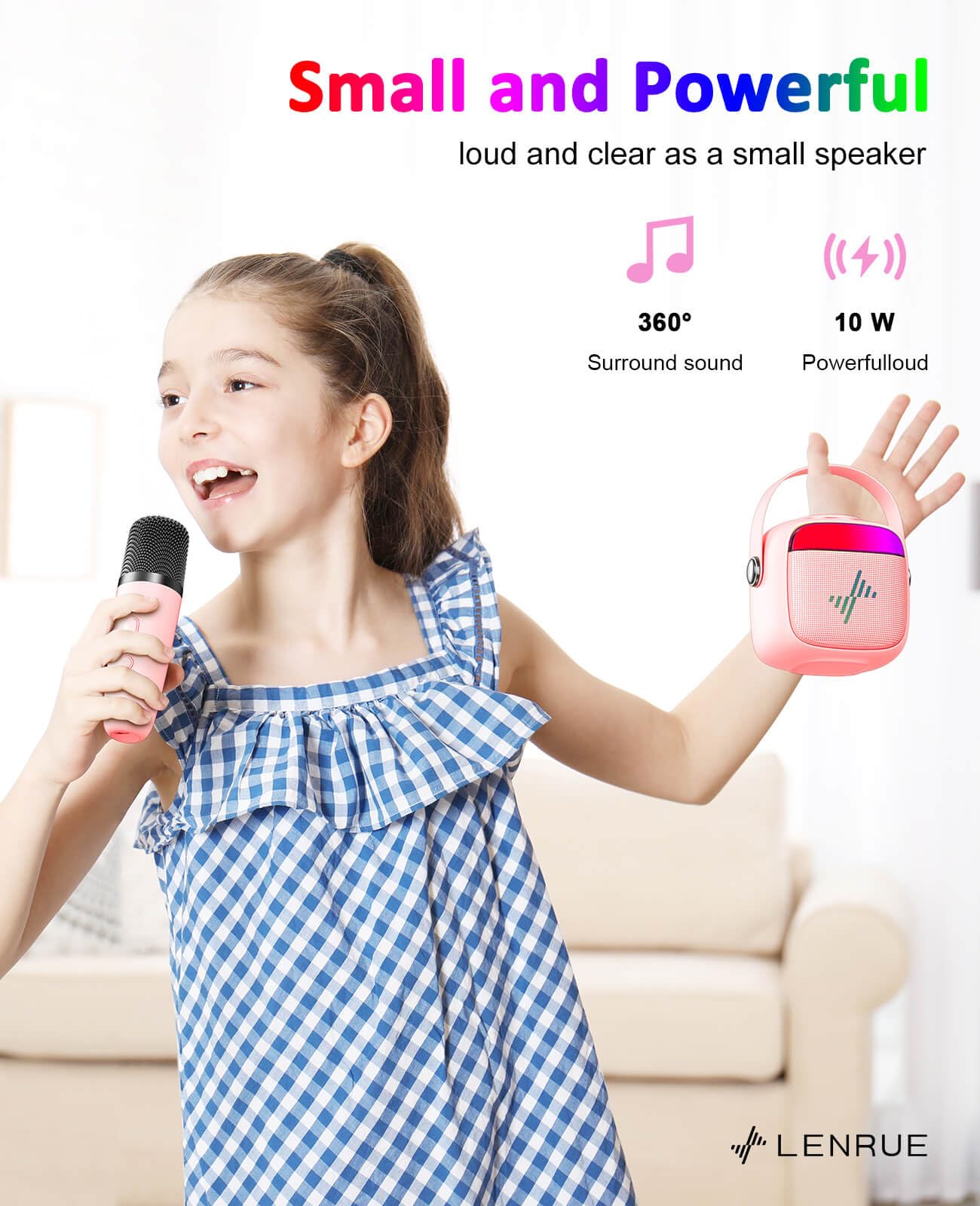 LENRUE children Bluetooth speaker highlighting the colorful pulsing LED lights during audio playback.