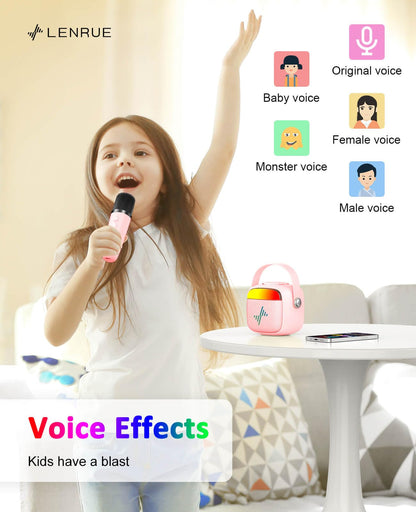 LENRUE portable karaoke set showcasing the close up details of the top buttons and silicone carrying strap.