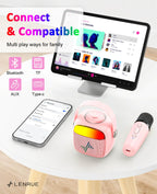 LENRUE kids entertainment system back view displaying the USB type C charging port auxiliary input and TF card slot.