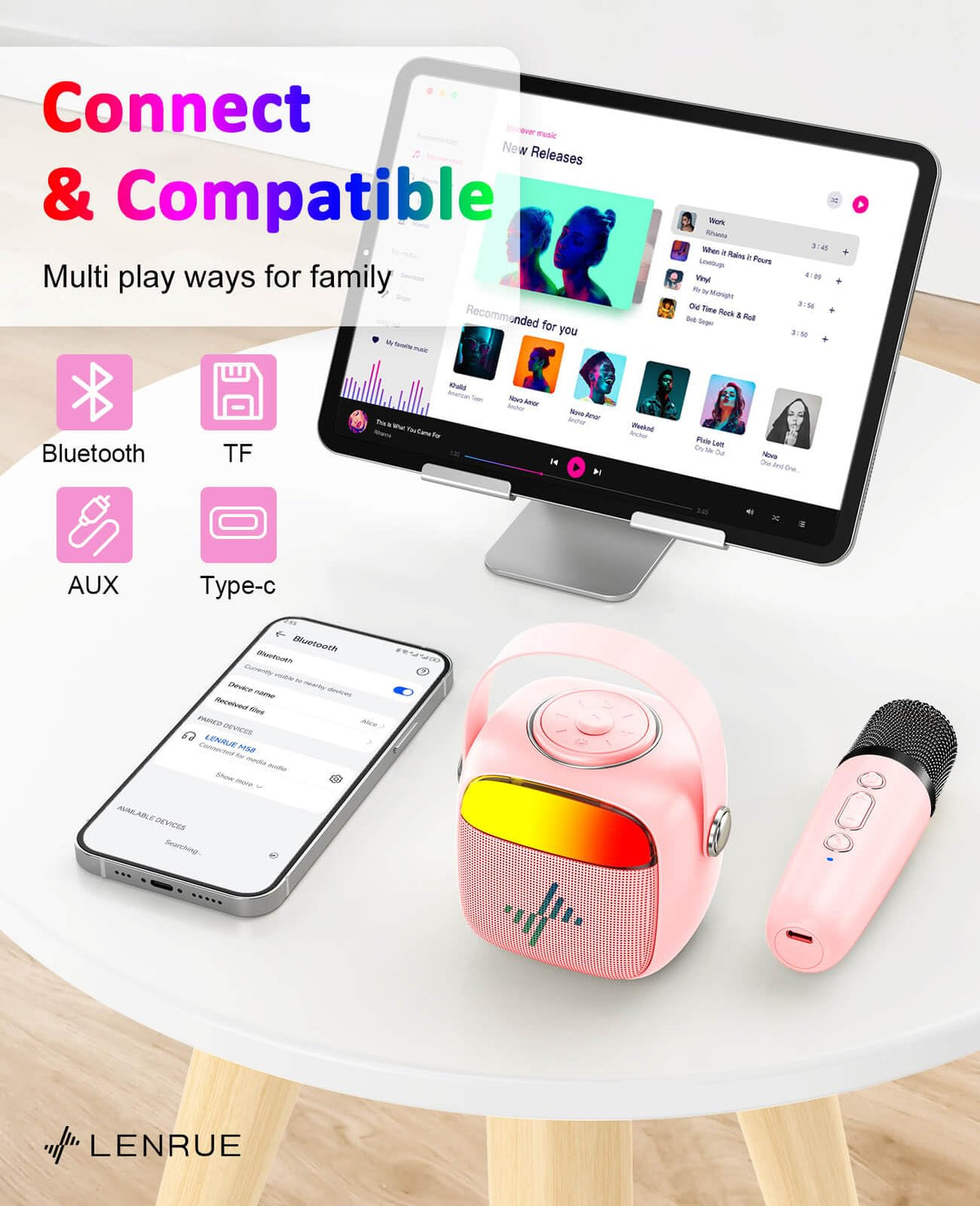 LENRUE kids entertainment system back view displaying the USB type C charging port auxiliary input and TF card slot.