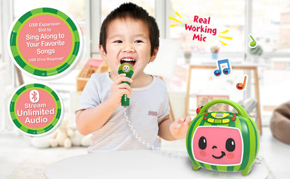 eKids wireless children speaker highlighting the top carrying handle and colorful character graphics.