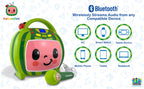 eKids audio player showing the back input panel with USB port and headphone jack.