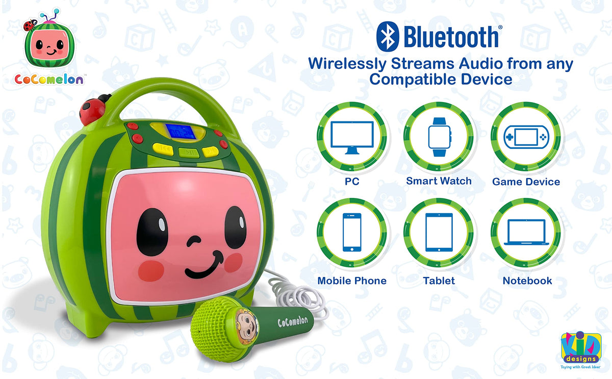 eKids audio player showing the back input panel with USB port and headphone jack.