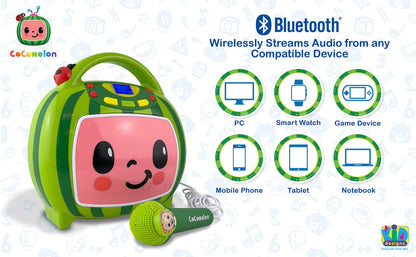 eKids audio player showing the back input panel with USB port and headphone jack.