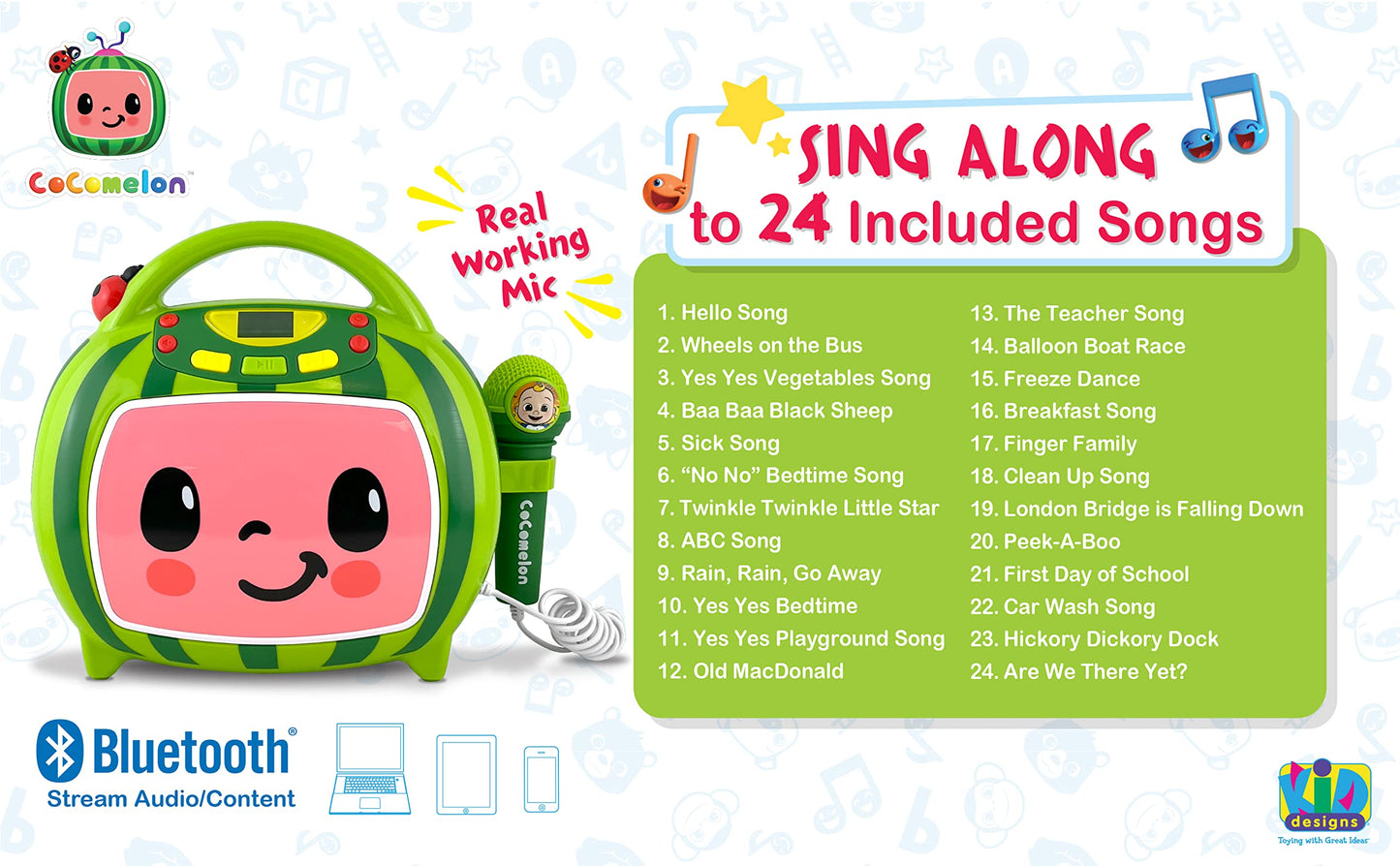 eKids kids party speaker illustrating the vibrant built-in flashing light effects during playback.