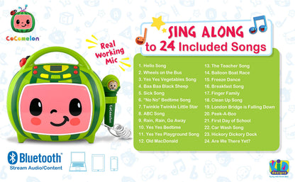 eKids kids party speaker illustrating the vibrant built-in flashing light effects during playback.