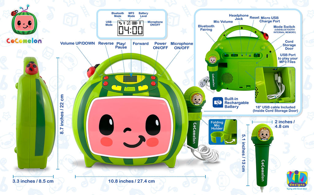 eKids nursery rhyme singing machine with the included USB charging cable resting alongside.