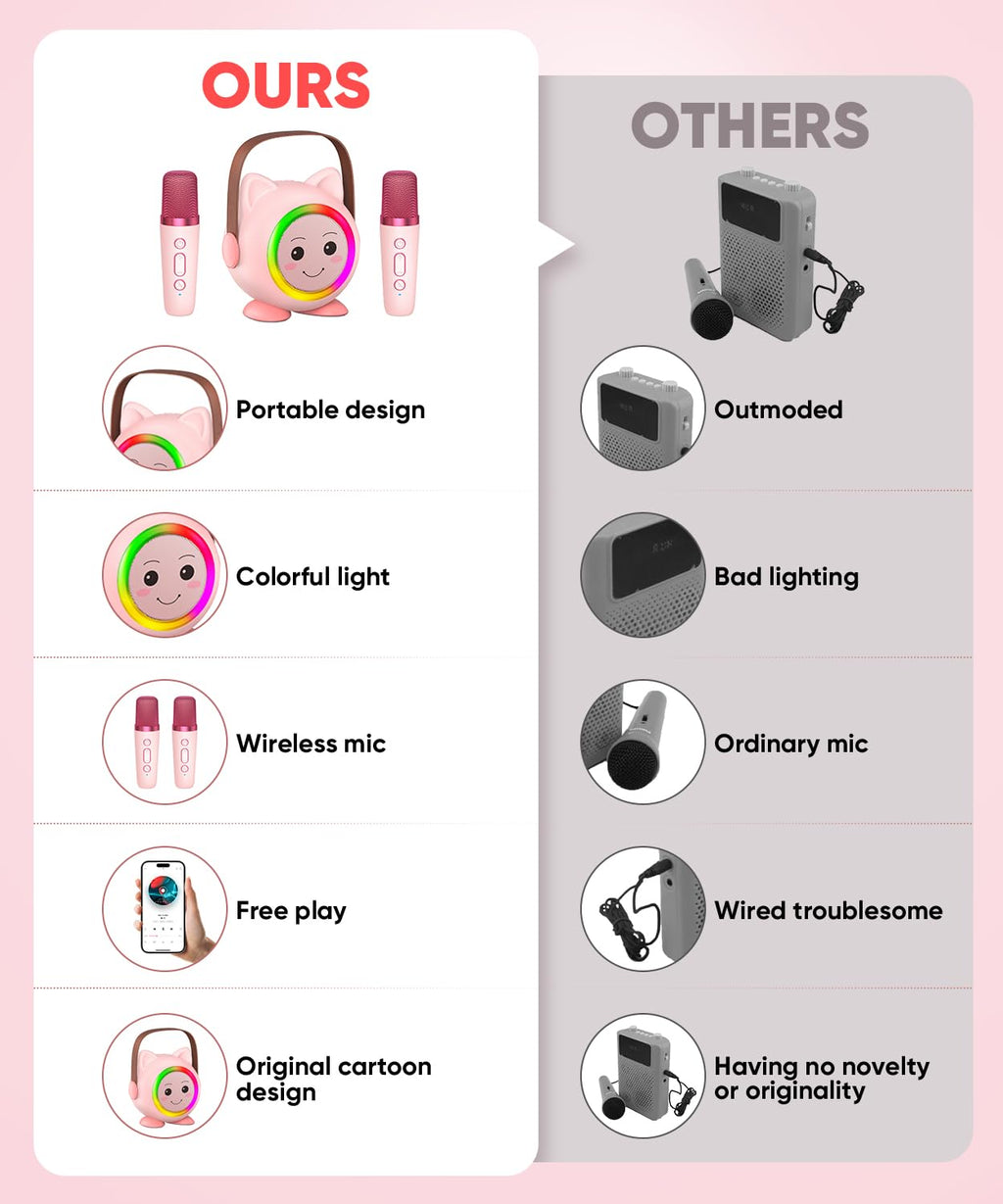 Aadmd pink karaoke speaker for girls and boys illuminating six vibrant color-changing LED light modes in a dark room