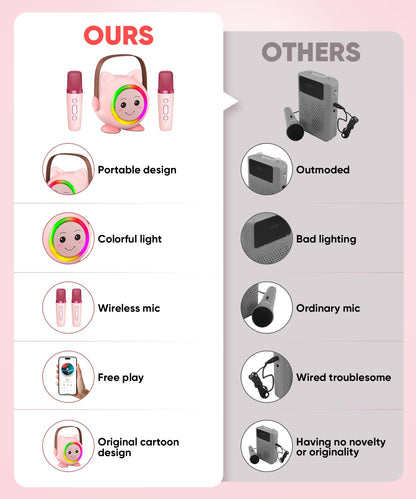 Aadmd pink karaoke speaker for girls and boys illuminating six vibrant color-changing LED light modes in a dark room