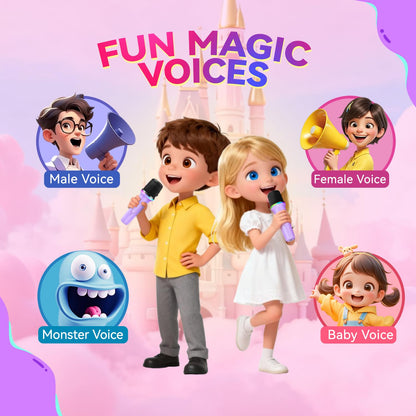 Two wireless microphones included with the purple MicQutr mini karaoke system