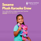 Close up view of the Singing Machine Sesame Street plush character showing detailed wings and purple pigtails.