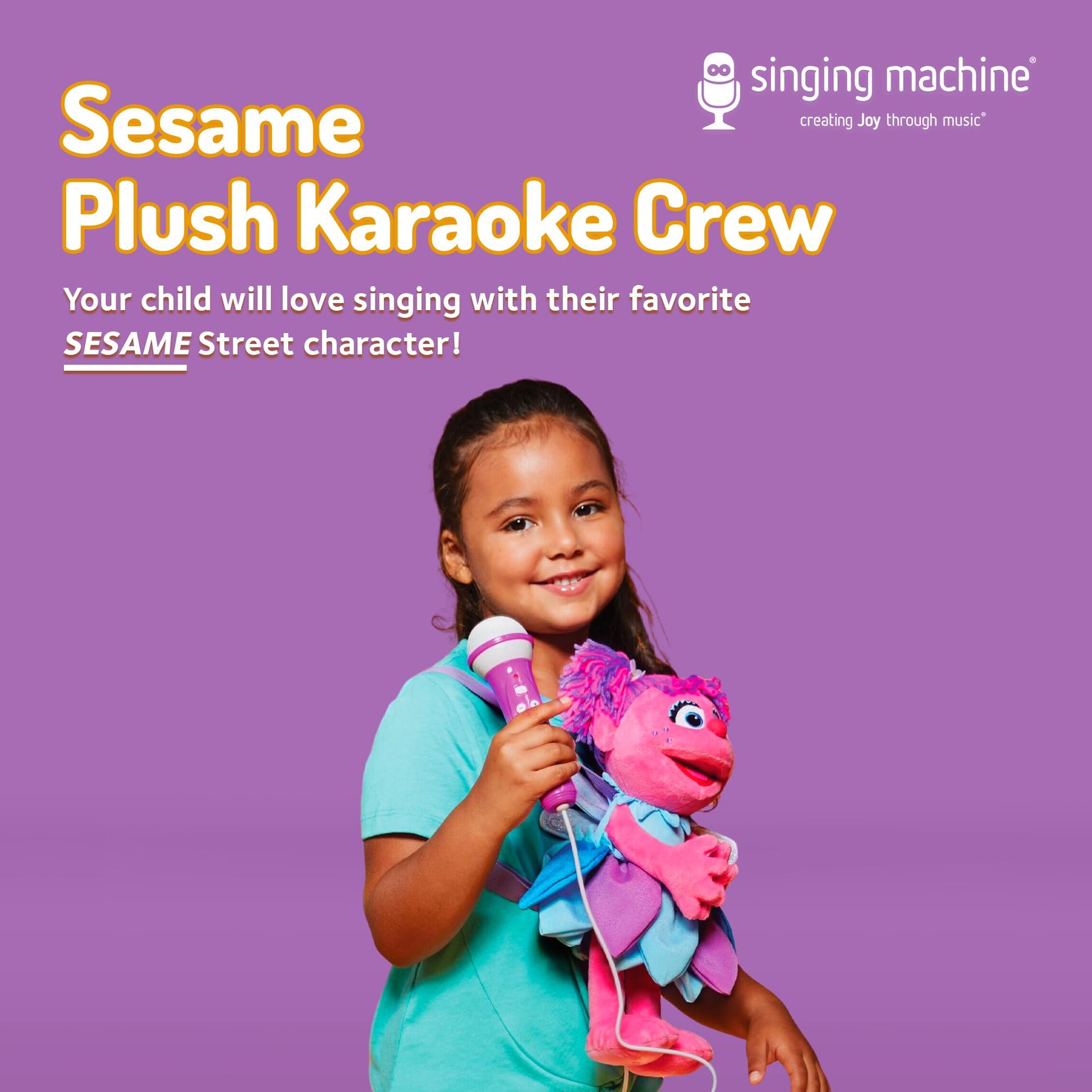 Close up view of the Singing Machine Sesame Street plush character showing detailed wings and purple pigtails.