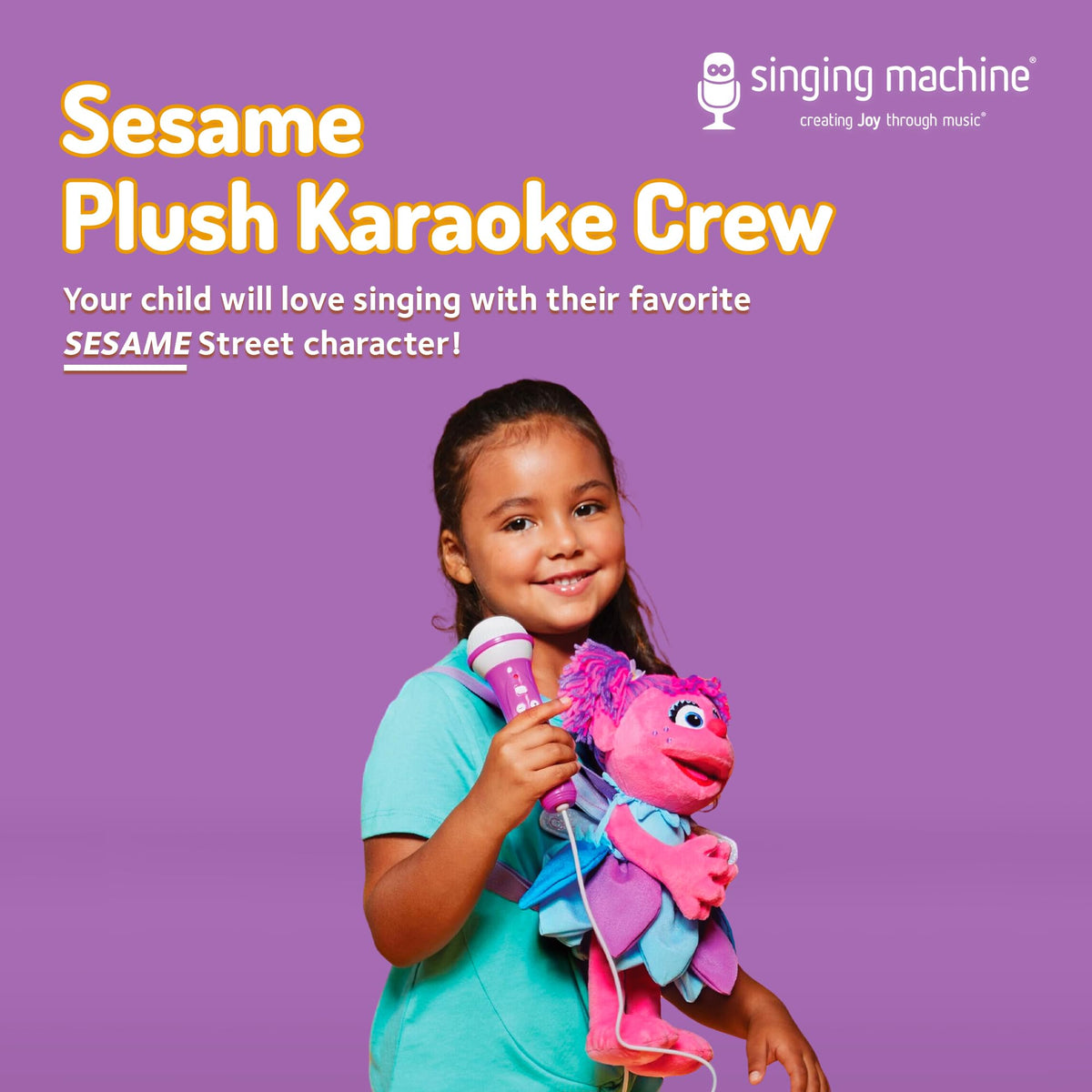 Close up view of the Singing Machine Sesame Street plush character showing detailed wings and purple pigtails.