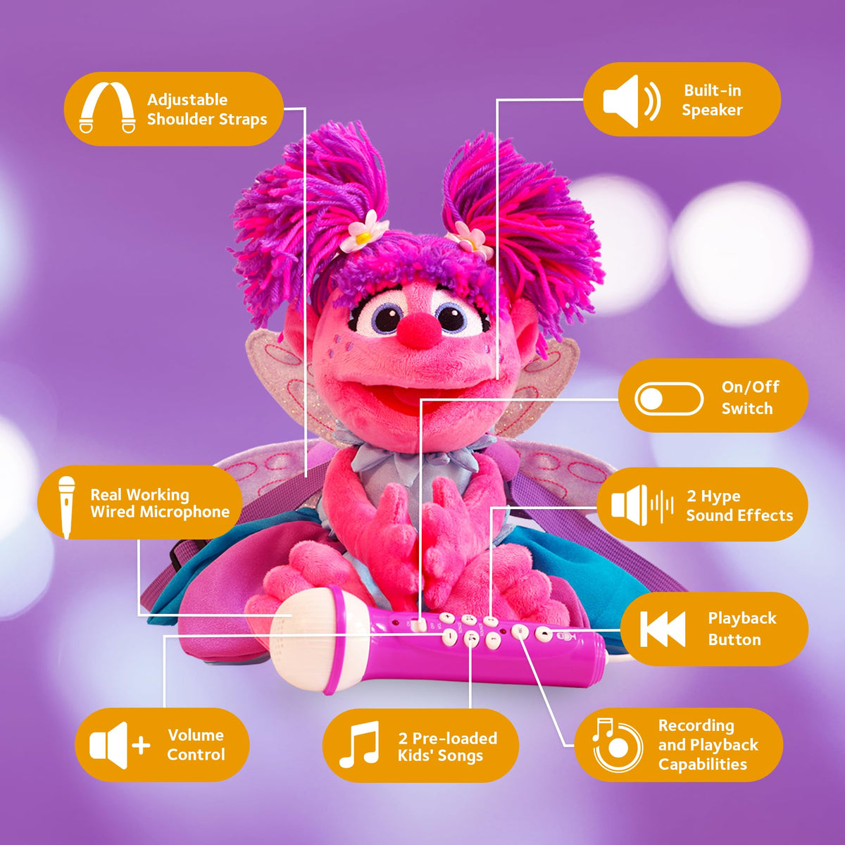 Rear view of the Abby Cadabby sing along plush showing the adjustable backpack style carrying shoulder straps.